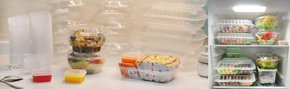 RIKICACA 4oz 200 Pack Small Plastic Containers with Lids Jello Shot Cups with Lids Portion Cups with Lids Sauce Cups Disposable Condiment Containers for Food (Square) - Disposable family accessory condiment cups nuts cup cake Salad Dressing Container Salad Bowl