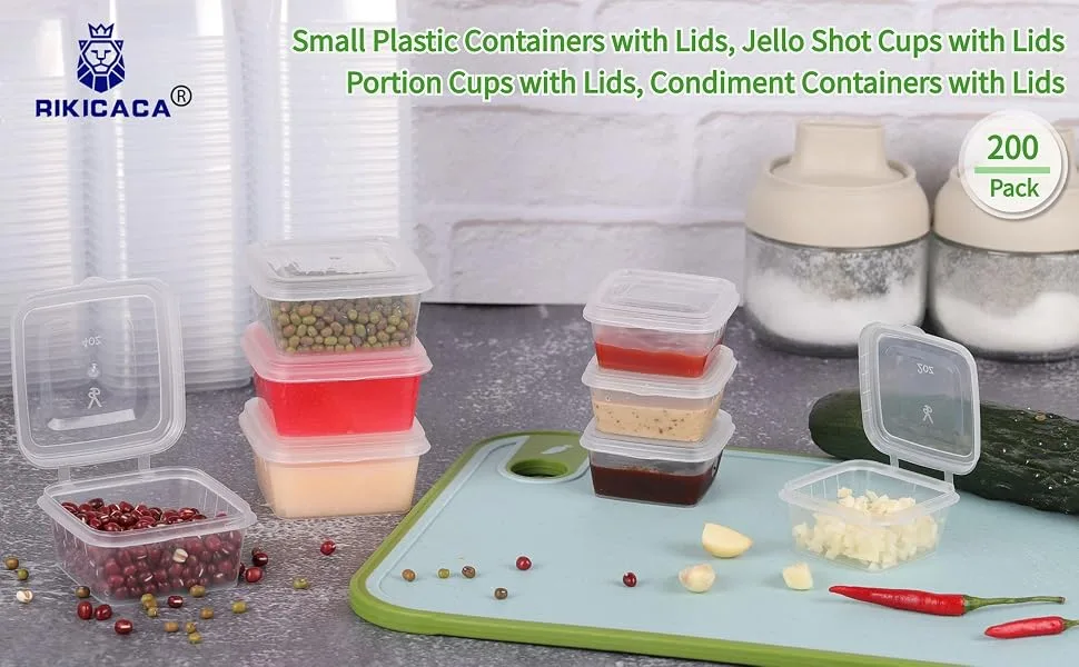 RIKICACA 4oz 200 Pack Small Plastic Containers with Lids Jello Shot Cups with Lids Portion Cups with Lids Sauce Cups Disposable Condiment Containers for Food (Square) - Disposable plastic portion jello shot cups with lids salad dressing container condiment containers
