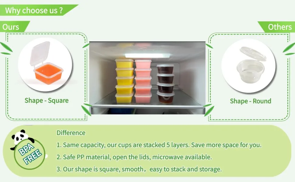 RIKICACA 4oz 200 Pack Small Plastic Containers with Lids Jello Shot Cups with Lids Portion Cups with Lids Sauce Cups Disposable Condiment Containers for Food (Square) - Salad Dressing Container Disposable Salad Bowls with Hinged Lids differences microwave smooth
