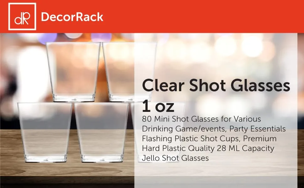 DecorRack 1 Oz Shot Glasses Hard Clear Plastic Shot Cup Disposable Party Cups Mini Cups Shot Glasses (80 Pack) - 1 oz shot glasses header