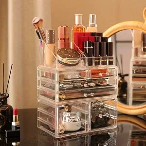 Cq acrylic Makeup Organizer Skin Care Large Clear Cosmetic Display Cases Stackable Storage Box With 6 Drawers For Vanity Set of 3 6 Drawers Clear - product information 5