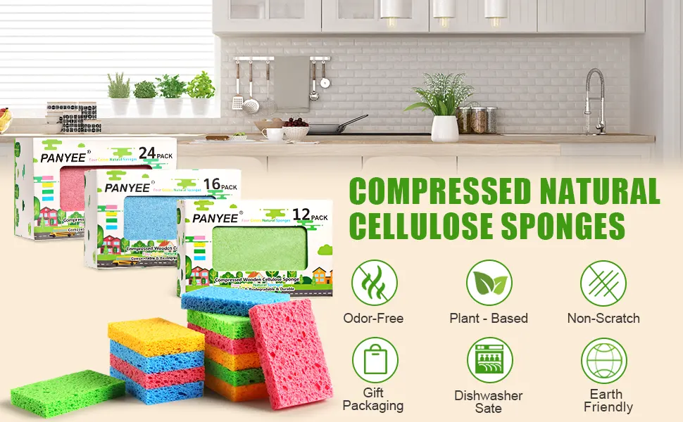 Cleaning Scrub Colored Sponge Non-Scratch Kitchen Cellulose Dishwashing Sponge 16Pack Biodegradable Natural Sponge 16 Count (Pack of 1) - PANYEE PROFEESIONAL HOUSEHOLD SPONGE