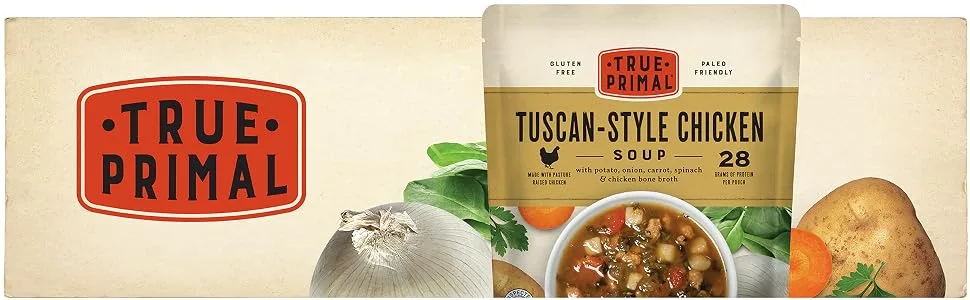 True Primal Tuscan-Style Chicken Soup 8-pack Ready to eat Gluten free Paleo Pastured chicken Whole30 Bone broth - True Primal Tuscan-Style Chicken Soup pouch and ingredients