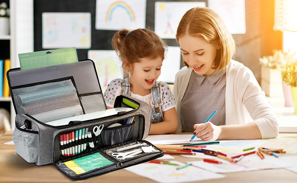 IMAGINING Carrying Case Bag Compatible with Cricut Maker Maker 3 Explore Air 2 Explore 3 Large Opening Cricut Storage for Cricut Accessories Grey-Full Open - cricut carrying case