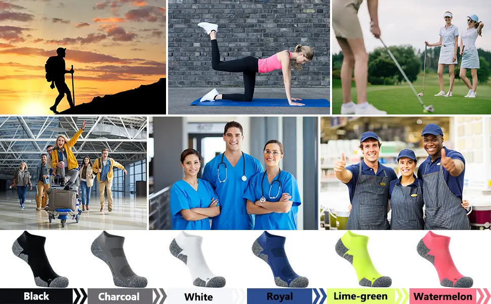 CWVLC Unisex Cushioned Compression Athletic Ankle Socks Multipack Large 6-pairs (Black2 charcoal2 royal2) - hiker hiking aerobics exercise gym yoga pilates sportswear golf plane journey doctor nurse worker