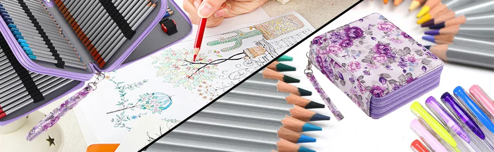 BTSKY Colored Pencil Case- 120 Slots Pencil Holder Pen Bag Large Capacity Pencil Organizer with Handle Strap Handy Colored Pencil Box with Printing Pattern (Purple Flower) - 970X300