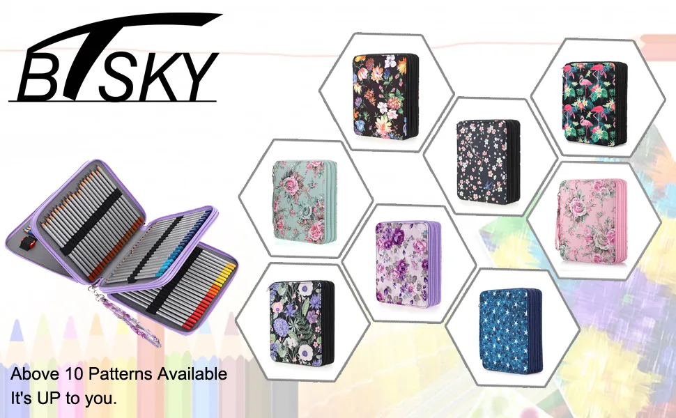 BTSKY Colored Pencil Case- 120 Slots Pencil Holder Pen Bag Large Capacity Pencil Organizer with Handle Strap Handy Colored Pencil Box with Printing Pattern (Purple Flower) - 970x600