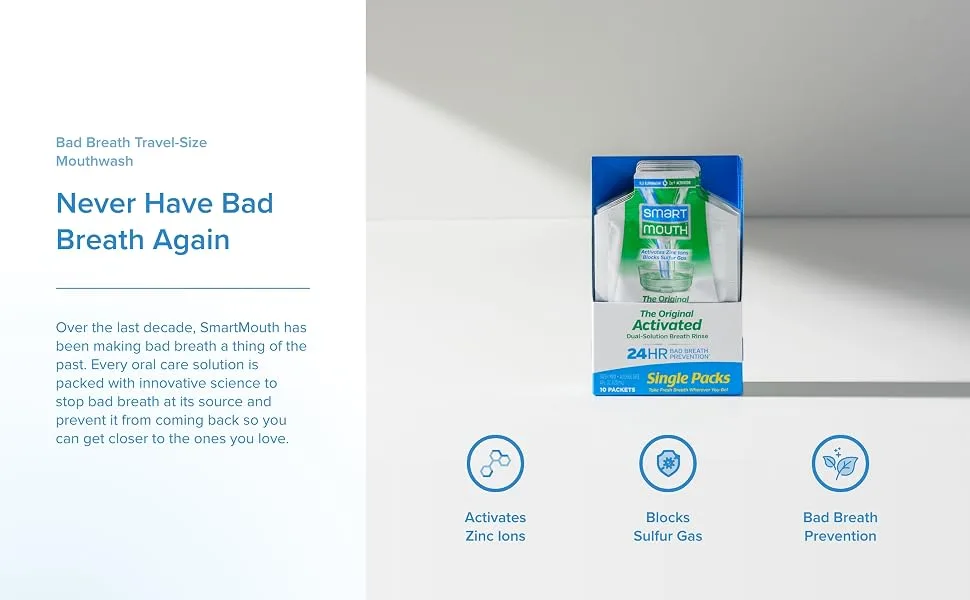SmartMouth Original Activated Mouthwash Single Packs Travel Mouthwash Fresh Mint 10 Pack - Never have bad breath again