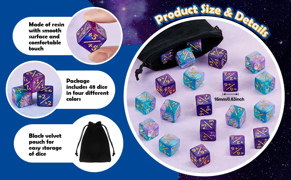48 Pieces Dice Counters Token Dice D6 Dice Cube Loyalty Dice with 2 Storage Bags Compatible with MTG CCG Card Gaming Accessory 4 Styles - product information 2