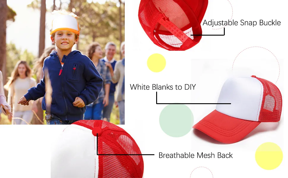 6 Pack Kids Mesh Trucker Hat DIY Sublimation Blank Baseball Hat Cap Adjustable Sports Outdoor Snapback Sun Hat Trucker Cap 6pack-red White - product information 2