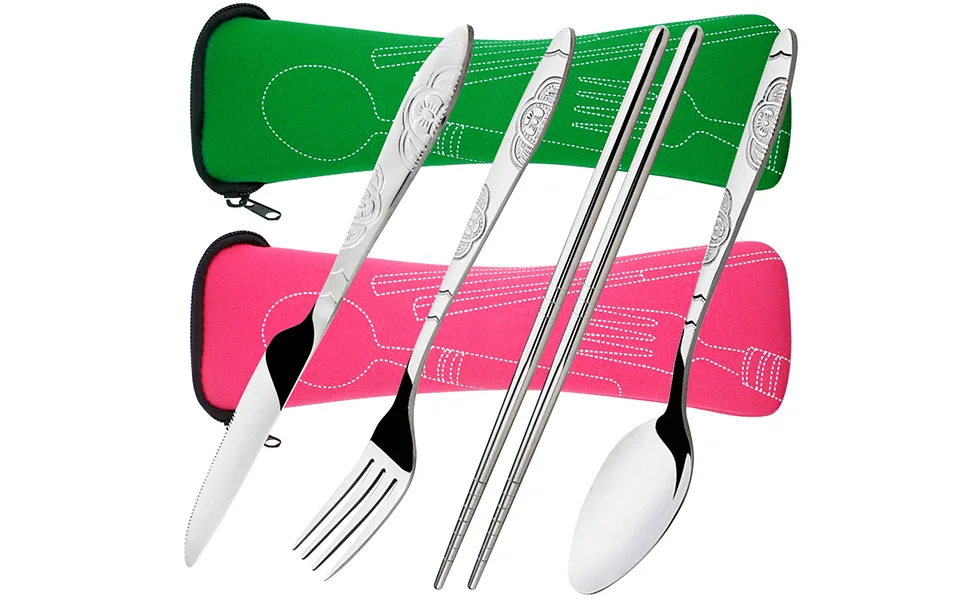 8 Pieces Flatware Sets Knife Fork Spoon Chopsticks SENHAI 2 Pack Rustproof Stainless Steel Tableware Dinnerware with Carrying Case for Traveling Camping Picnic Working Hiking(Green Pink) - product information 1