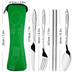 8 Pieces Flatware Sets Knife Fork Spoon Chopsticks SENHAI 2 Pack Rustproof Stainless Steel Tableware Dinnerware with Carrying Case for Traveling Camping Picnic Working Hiking(Green Pink) - product information 2