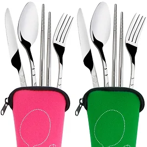 8 Pieces Flatware Sets Knife Fork Spoon Chopsticks SENHAI 2 Pack Rustproof Stainless Steel Tableware Dinnerware with Carrying Case for Traveling Camping Picnic Working Hiking(Green Pink) - product information 4