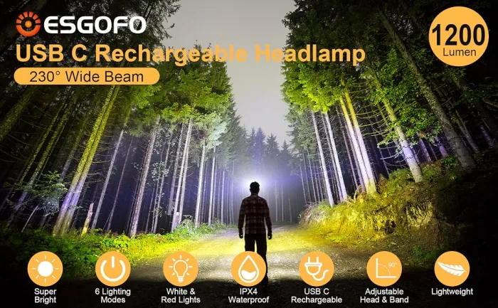 Headlamp Rechargeable LED 2 Pack Bright Head Lamp for Adults 6 Modes White & Red Forehead Headlight Adjustable Wide Beam Wear Head Light Hands free Head Flashlight for Outdoor Hiking Camping - esgreen headlamp