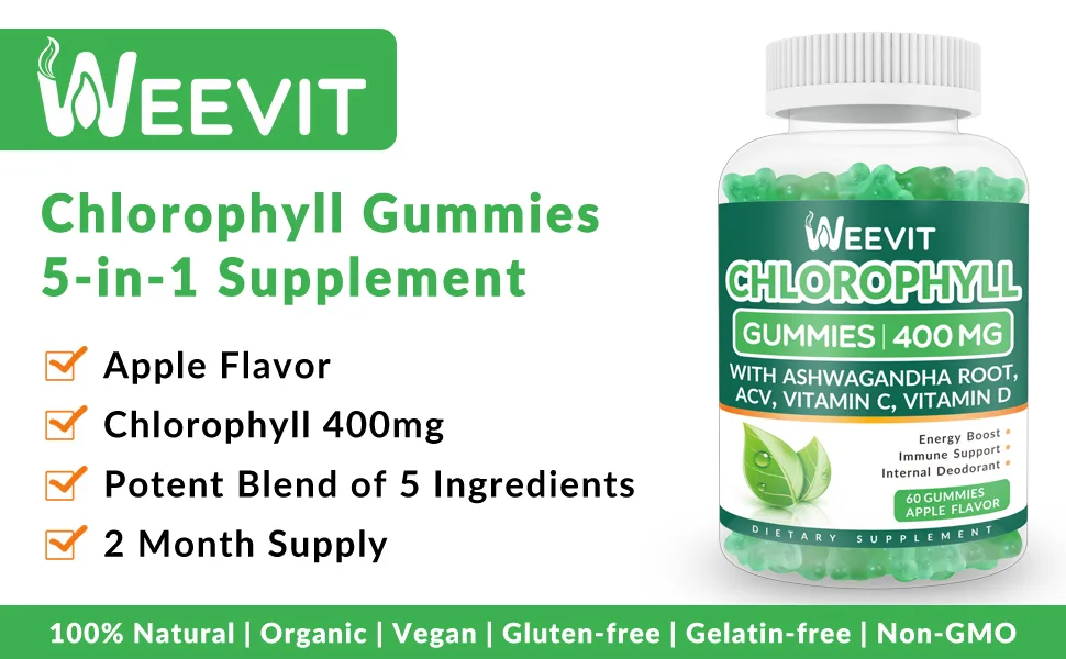 WEEVIT Chlorophyll Gummies 400mg with Ashwagandha ACV Vitamin C Vitamin D | Organic Chlorophyll Gummy for Energy Boost Immune Support Internal Deodorant (2-Pack) 60 Count (Pack of 2) - chlorophyll supplement