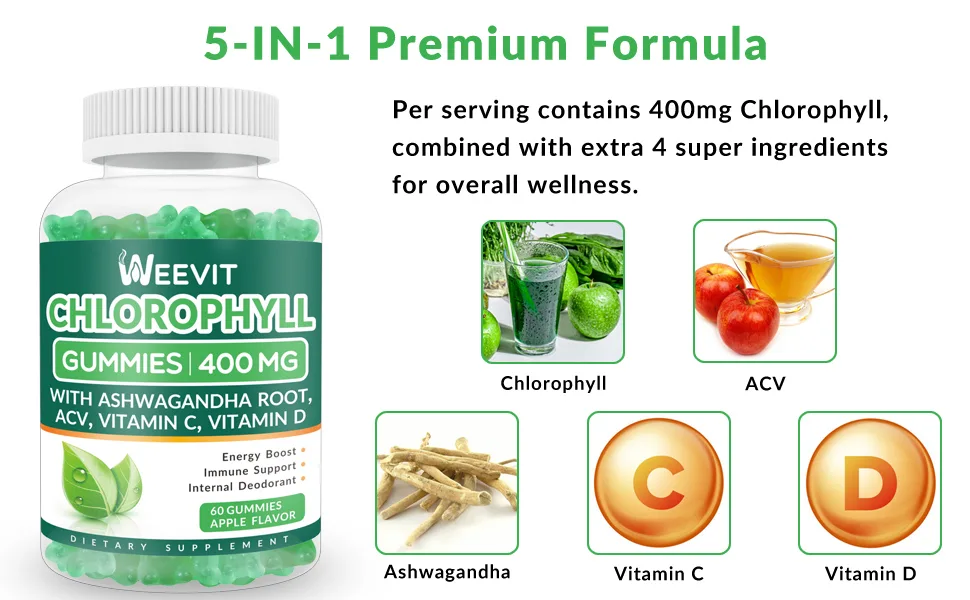 WEEVIT Chlorophyll Gummies 400mg with Ashwagandha ACV Vitamin C Vitamin D | Organic Chlorophyll Gummy for Energy Boost Immune Support Internal Deodorant (2-Pack) 60 Count (Pack of 2) - chlorophyll supplement