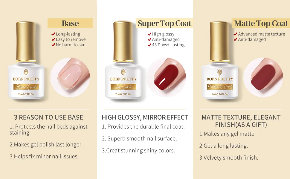 Born Pretty Base & Top Coat Not Chip or Peel Base and Top Coat Combo One Base Gel One Glossy Top Coat & One Matte Top Coat 3-Pack base top coat 3pcs 7ml - gel base and top coat