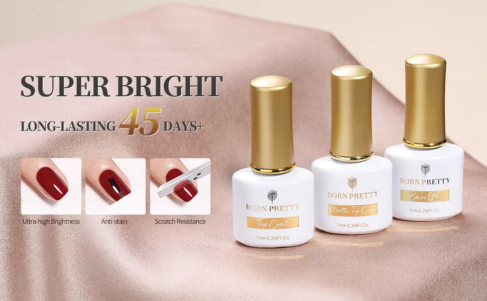 Born Pretty Base & Top Coat Not Chip or Peel Base and Top Coat Combo One Base Gel One Glossy Top Coat & One Matte Top Coat 3-Pack base top coat 3pcs 7ml - super top coat
