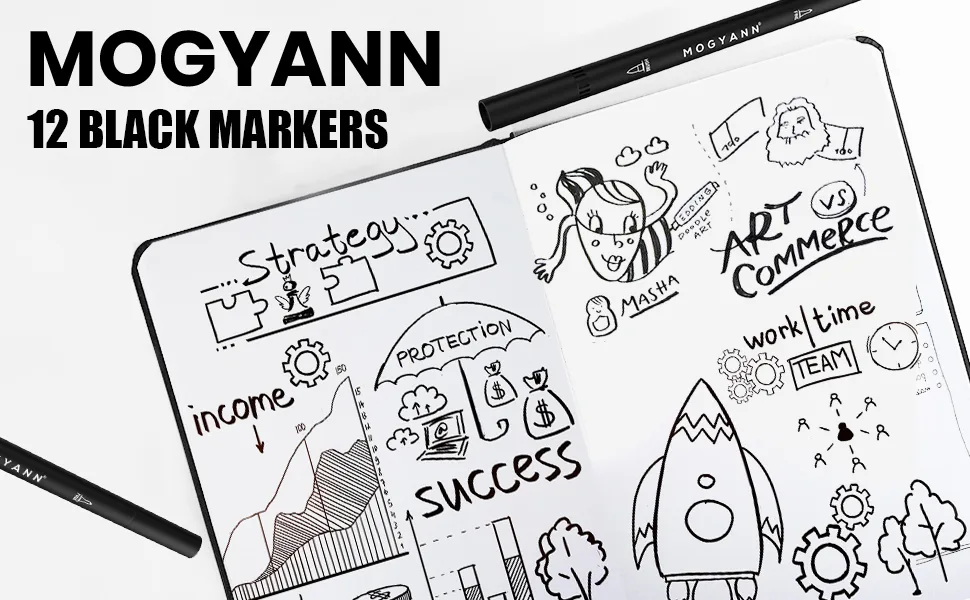 Mogyann Drawing Pens 12 Pack Dual Brush Pens Black Markers for Art Drawing Sketching - 12 black markers