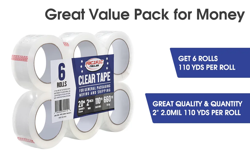 Clear Packing Tape 2 Inch Wide 2.0mil Thickness 110 Yard Per Roll Pack of 6 Rolls 6-Pack 110Yd 2inch - pacificmailer_greatvaluepack