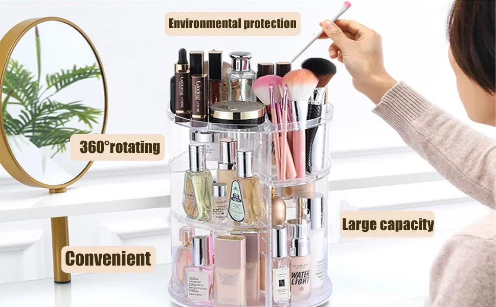 Cq acrylic 360 Degree Rotating Makeup Organizer for Bathroom 4 Tier Adjustable Cosmetic Storage Cases and Make Up Holder Display Cases Clear - product information 1