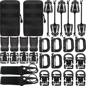 Createy Attachments for 1" Webbing Molle Bag Tactical Backpack Vest Belt Molle Accessories Kit with Molle Pouches D-Ring Grimloc Locking Gear Clip Web Dominator Elastic Strings Buckle Pack of 30 Black - Backpack Accessories