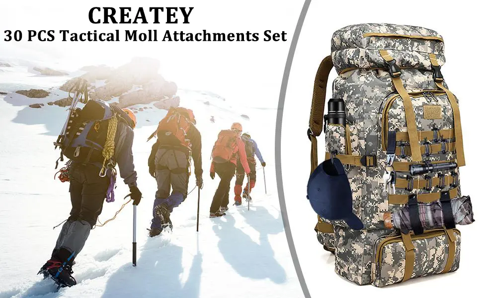 Createy Attachments for 1" Webbing Molle Bag Tactical Backpack Vest Belt Molle Accessories Kit with Molle Pouches D-Ring Grimloc Locking Gear Clip Web Dominator Elastic Strings Buckle Pack of 30 Black - Molle accessories