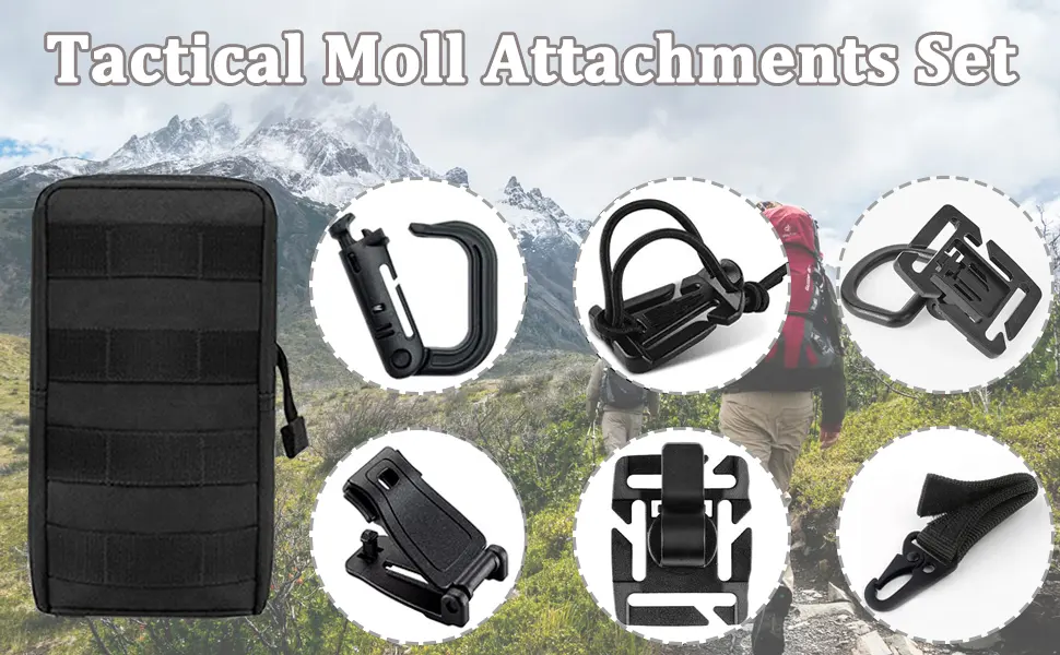 Createy Attachments for 1" Webbing Molle Bag Tactical Backpack Vest Belt Molle Accessories Kit with Molle Pouches D-Ring Grimloc Locking Gear Clip Web Dominator Elastic Strings Buckle Pack of 30 Black - tactical moll set