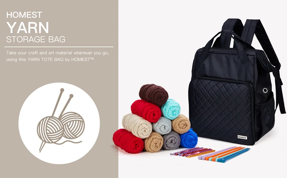 HOMEST Knitting Bag Backpack Crochet Storage Organizer Large Yarn Holder with Custom Front Pocket for Crochet Accessories and Supplies Black - product information 1