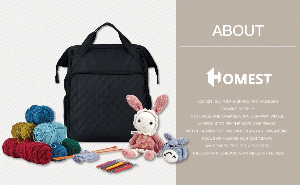 HOMEST Knitting Bag Backpack Crochet Storage Organizer Large Yarn Holder with Custom Front Pocket for Crochet Accessories and Supplies Black - product information 6