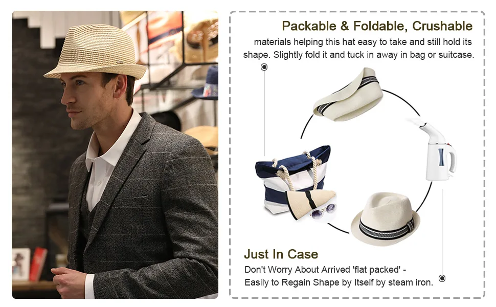 Fancet Packable Straw Fedora Panama Sun Summer Beach Hat Cuban Trilby Men Women 55-64cm XX-Large 16010-beige - packable foldable crushable fedora summer sun panama cuban straw hats for men women