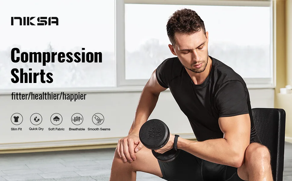 Niksa Men's Compression Shirts 5 Pack Short Sleeve Athletic Compression Tops Cool Dry Workout T Shirt Dark Black Large - compression shirts