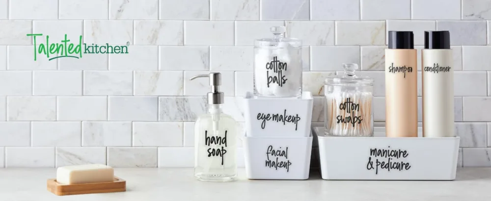 Talented Kitchen 192 Pack Preprinted Bathroom Labels for Containers Black on Clear Stickers for Organizer Bins Bath Beauty Canisters and Makeup Storage Organization - product information 1