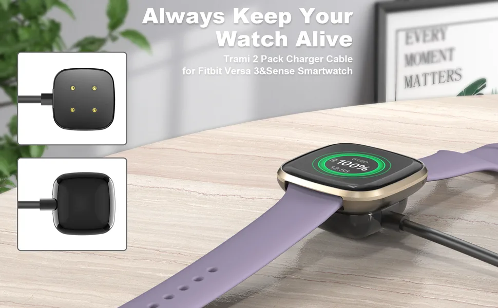 Trami 2 Pack Compatible with Fitbit Sense&Versa 3 Charger Replacement USB Charging Cable Cord Stand for Versa 3/Versa 4/Sense/Sense 2 Watch 3.3ft+3.3ft - 2 Pack Versa 3&Sense Charger Cables