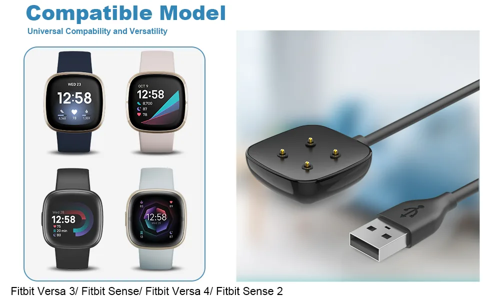 Trami 2 Pack Compatible with Fitbit Sense&Versa 3 Charger Replacement USB Charging Cable Cord Stand for Versa 3/Versa 4/Sense/Sense 2 Watch 3.3ft+3.3ft - Compatible with Fitbit Versa 4/3 & Sense/Sense 2