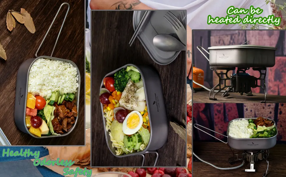 Boundless Voyage 1000ml Titanium Military Mess Tin with Lid Folding Handle Lunch Containers for Camping Backpacking Home Use A-Ti2084C - pot pan