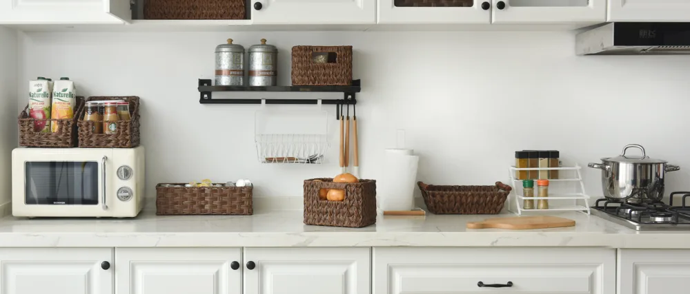 GRANNY SAYS Wicker Storage Baskets Waterproof Wicker Basket with Handles Woven Storage Bins for Pantry Kitchen and Bathroom Brown 2-Pack Medium Brown - GRANNY SAYS Brown Storage Baskets