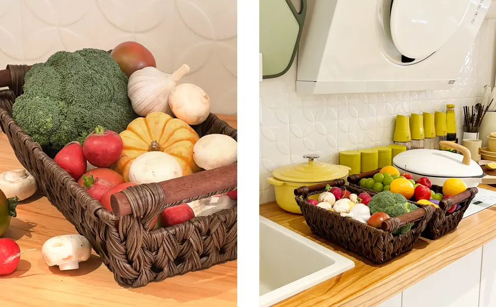 GRANNY SAYS Wicker Storage Baskets Waterproof Wicker Basket with Handles Woven Storage Bins for Pantry Kitchen and Bathroom Brown 2-Pack Medium Brown - Kitchen Baskets