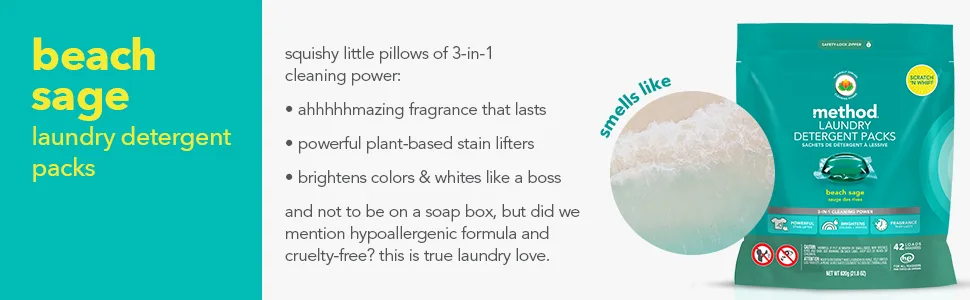 Method Laundry Detergent Packs Beach Sage 42 Packs per Bag Hypoallergenic Formula & Plant-Based Stain Remover Solution that Works in Hot & Cold Water (Pack of 2) 42 Count (Pack of 2) - laundry detergent, detergent pack