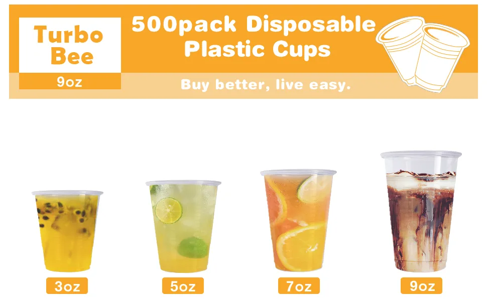 Turbo Bee 500Pack 9 OZ Clear Plastic Cups Cold Party Drinking Cups Transparent Plastic Cups Bulk Disposable Cups for Wedding Thanksgiving Christmas Party 500pack-9oz - 500 9oz