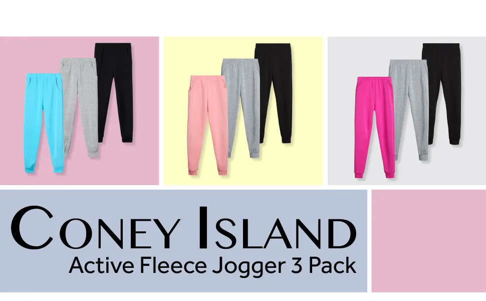 Coney Island Girls Sweatpants - Active Fleece Joggers (3 Pack) Black/Mauve/Heather Grey 14-16 - title