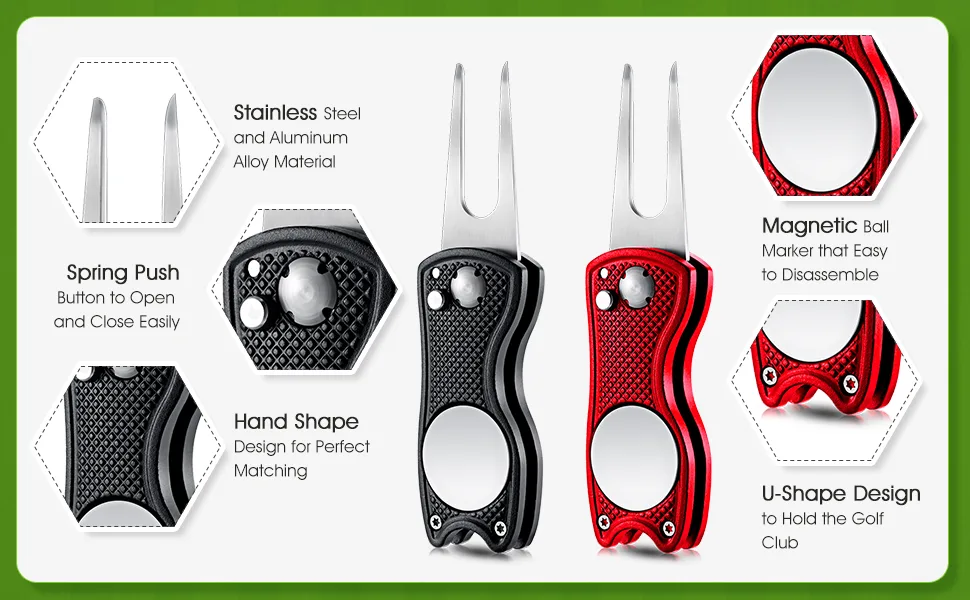 6 Packs Golf Repair Tool Stainless Steel Foldable Golf Divot Tool Magnetic Golf Button Tool Golf Ball Marker Black Red - product information 3