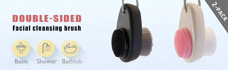 2 Pack Facial Cleansing Brushes - Double-Sided Face Scrubber for Deep Pore Cleansing and Exfoliation Silicone & Soft Bristle Sides (Black & Black) - Facial Cleansing Brush
