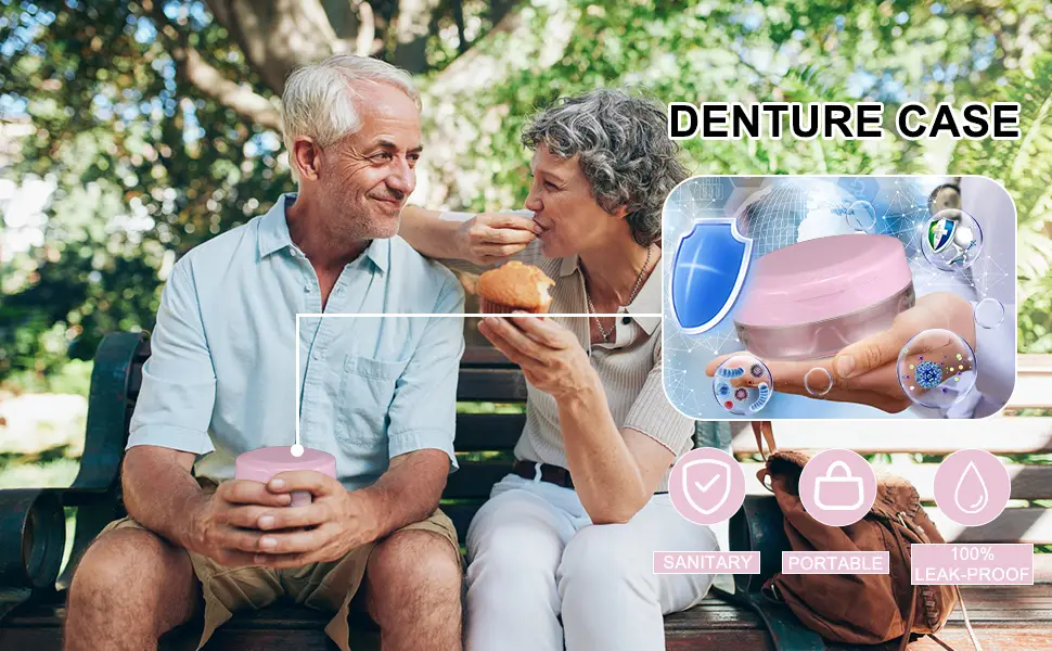 Denture Case Leak Proof Denture Bath Case Cup Kit for Travel Cleaning Denture Holder Box Bath Soaking Container for Women & Men with Mirror Strainer Removal Tool and Denture Brush(Pink) - Denture Case
