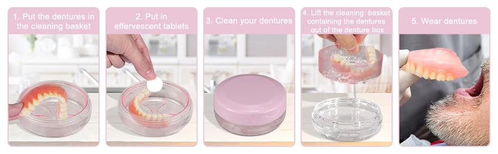 Denture Case Leak Proof Denture Bath Case Cup Kit for Travel Cleaning Denture Holder Box Bath Soaking Container for Women & Men with Mirror Strainer Removal Tool and Denture Brush(Pink) - Denture Case