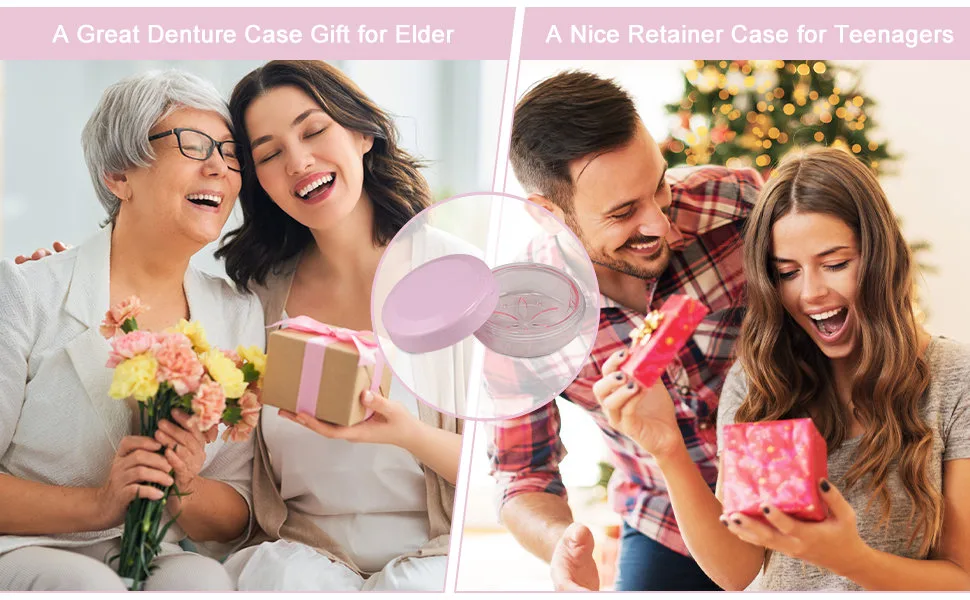 Denture Case Leak Proof Denture Bath Case Cup Kit for Travel Cleaning Denture Holder Box Bath Soaking Container for Women & Men with Mirror Strainer Removal Tool and Denture Brush(Pink) - Denture Case