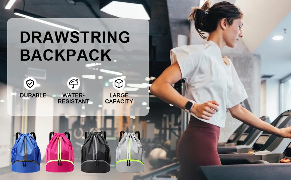 Qoosea Drawstring Backpack Sports Gym Sackpack with Side Mesh Pockets Shoe Compartment Water Resistant String Bag for Women Men (Black) - drawstring backpack bag