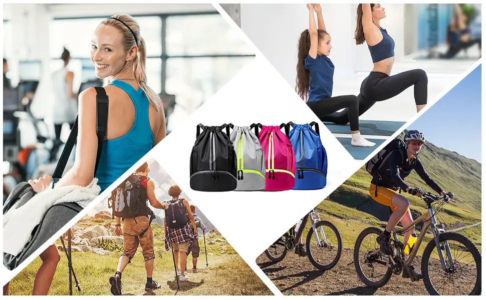 Qoosea Drawstring Backpack Sports Gym Sackpack with Side Mesh Pockets Shoe Compartment Water Resistant String Bag for Women Men (Black) - drawstring backpack bag