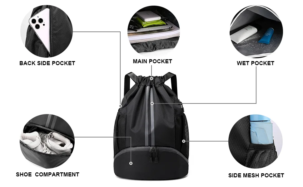 Qoosea Drawstring Backpack Sports Gym Sackpack with Side Mesh Pockets Shoe Compartment Water Resistant String Bag for Women Men (Black) - drawstring bag