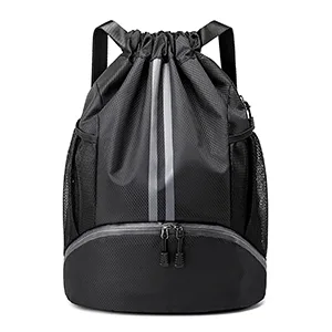Qoosea Drawstring Backpack Sports Gym Sackpack with Side Mesh Pockets Shoe Compartment Water Resistant String Bag for Women Men (Black) - drawstring bag